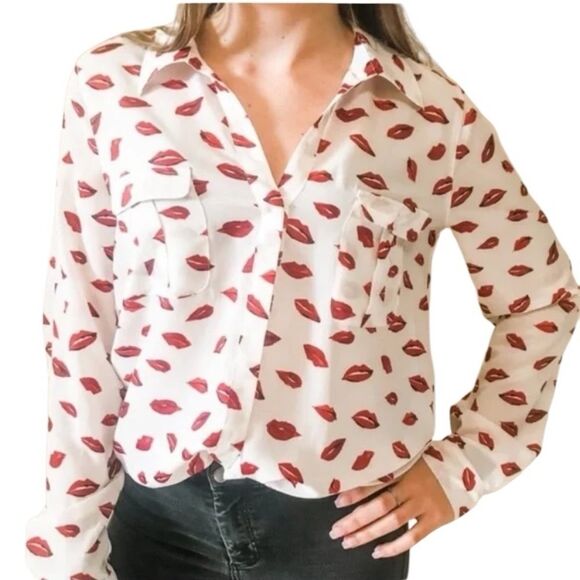 Joie Lips Top Button Up Top V-Neck Roll Tab Long Sleeve Pockets White Red Large - Picture 2 of 12